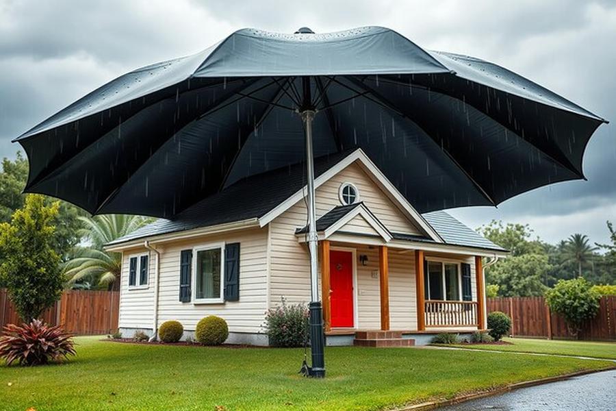 Une maison individuelle protégée par un parapluie géant captant les précipitations pour alimenter sa maison avec l'eau de pluie du toit : installation et nouvelles normes 2026.