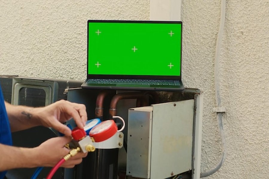 Technicien ajustant des manomètres de pression sur une unité extérieure, étape cruciale avant d'installer un onduleur V2H pour effacer ses pics de consommation électrique.