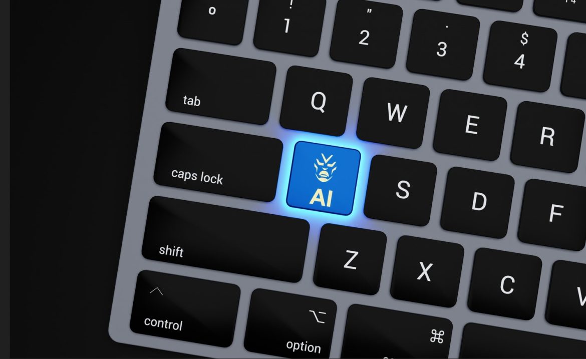 Gros plan d'un clavier d'ordinateur moderne avec une touche lumineuse bleue affichant le logo AI, illustrant les dernières Actualités IA 2026.