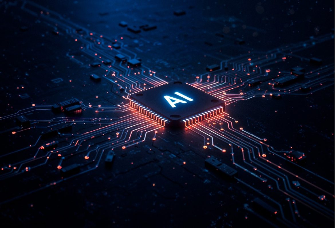 Gros plan détaillé sur un processeur de haute technologie sur un circuit imprimé, avec l'inscription "AI" illuminée en bleu au centre et des circuits s'allumant en rouge et orange, montrant la puissance de la technologie et des Outils IA.