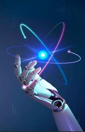 Une main robotique blanche et articulée tenant en équilibre un noyau d'atome lumineux entouré d'orbites d'électrons colorés, illustrant l'importance de choisir les bons outils IA pour maîtriser la technologie.